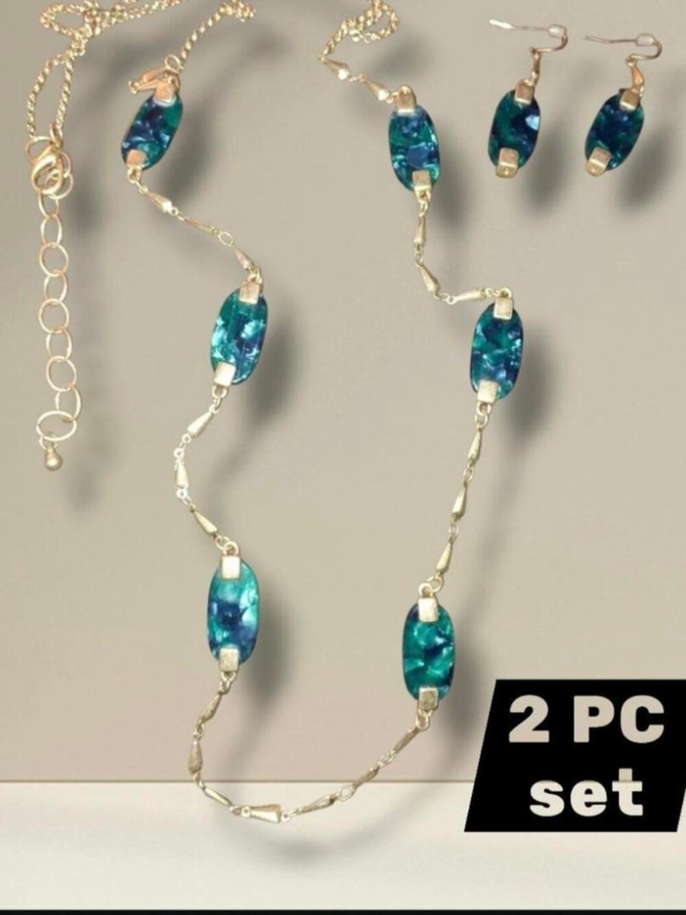 blue green shelled resin acrylic elegant station necklace with earrings goldtone